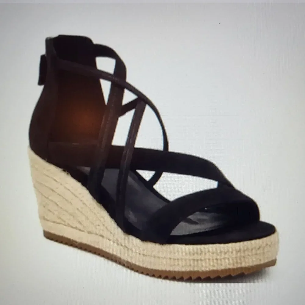 Eileen Fisher Sandals 8.5 Wedge Espadrilles Black Faux Suede Casual Comfort NWOB - Picture 1 of 10